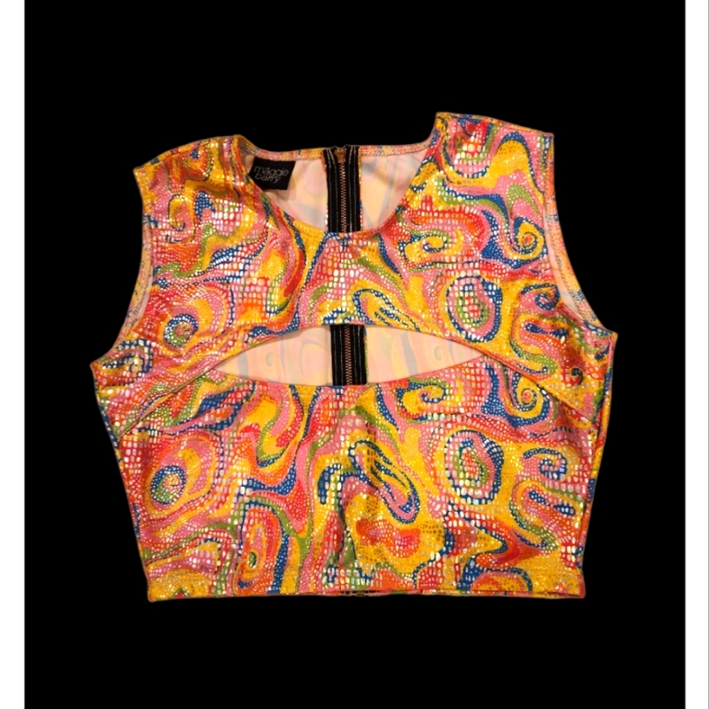 Psychedelic print Peekaboo opening sleeves CROP top.